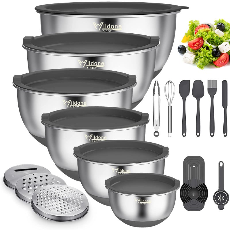 Wildone Mixing Bowls with Airtight Lids, 22 PCS Stainless Steel Mixing Bowls Set, 3 Grater Attachments, Measurement Marks & Non-Slip Bottom, Size 5, 4, 3, 2,1.5, 0.63QT, Ideal for Mixing & Prepping - Image 1